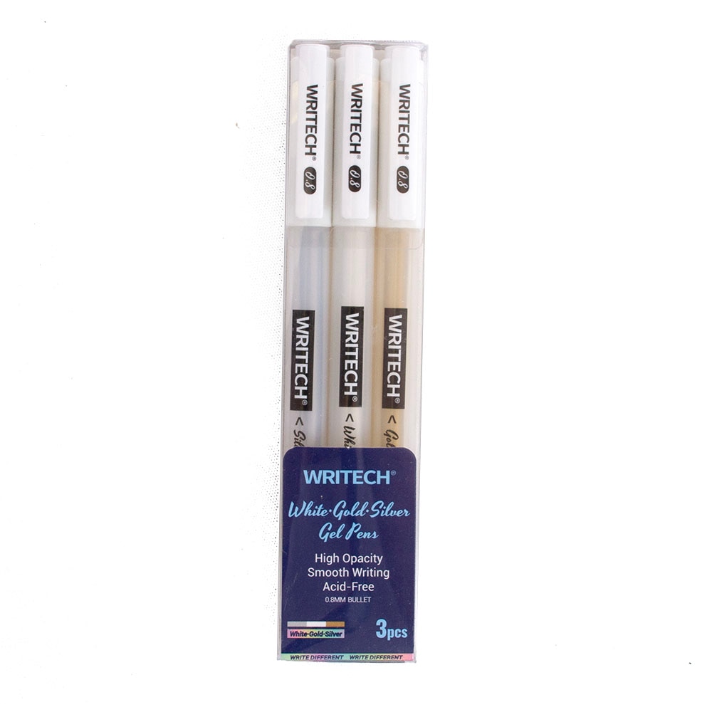 Writech, Gold, Gel, Art & School, Deco, 0.8mm, 3 Pen, Gold, White, Silver, 836232